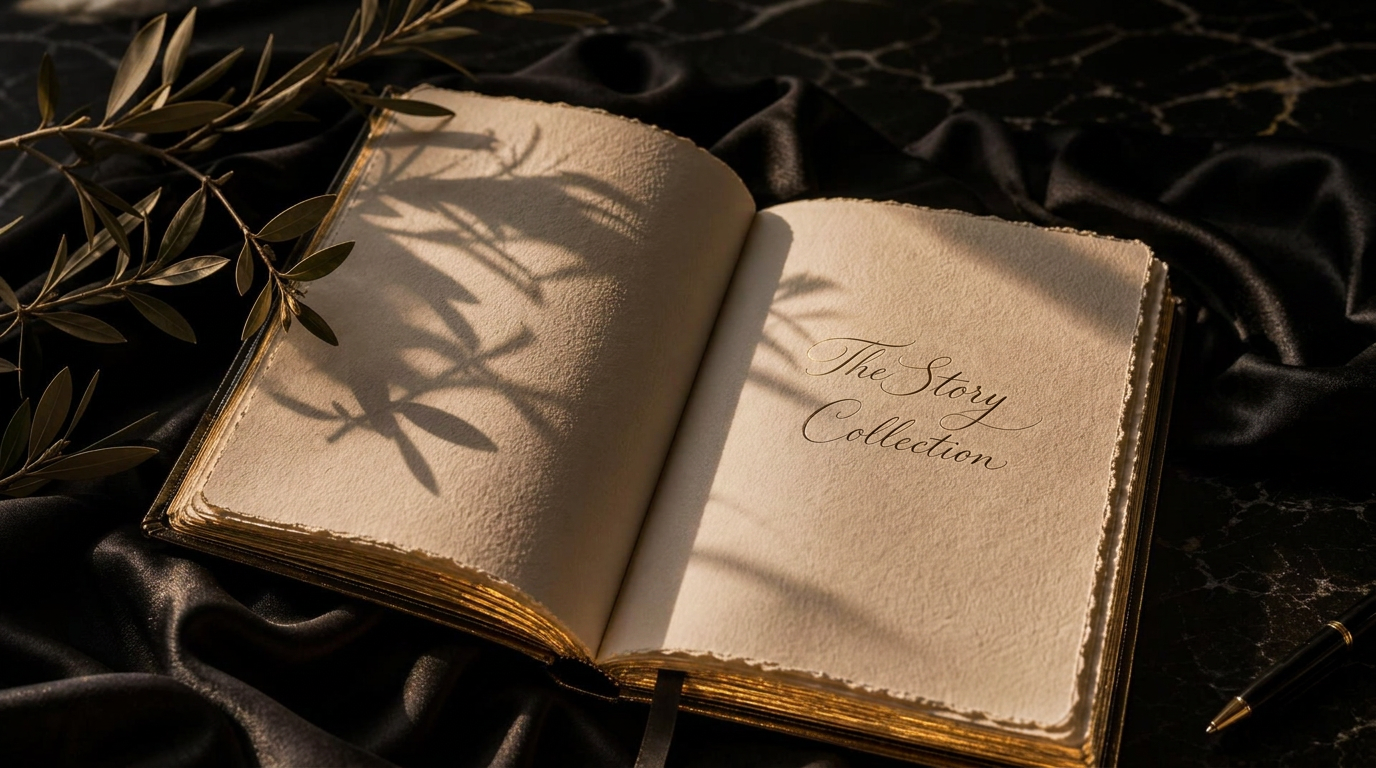 An open memoir journal resting on black silk with gold-foiled page edges and warm sunlight, inscribed with The Story Collection